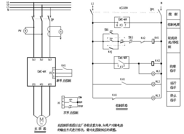 CMC-MX內(nèi)置旁路軟起動(dòng)器基本接線原理圖、三角形內(nèi)接連接圖和典型應(yīng)用接線圖(圖3)